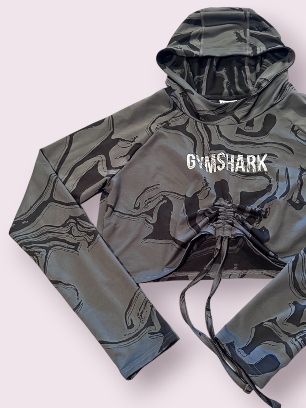 Women's Gymshark Power Crop Hoodie Gray Black Marble Print Synch Size Medium - Picture 2 of 9